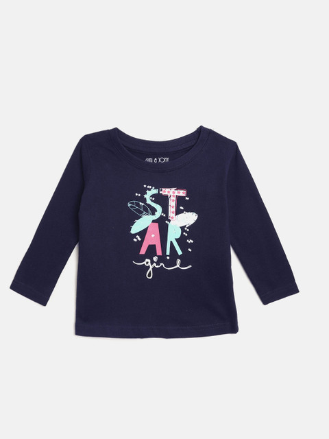 

Gini and Jony Girls Navy Blue & Pink Pure Cotton Typography Print T-shirt