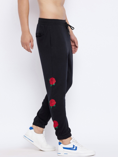 

FUGAZEE Men Black Embroidered Rose Patched Oversized Trackpants
