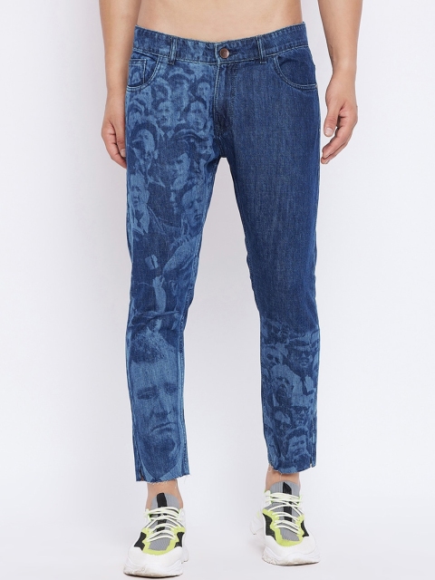 

FUGAZEE Men Blue Faces Lasered Slim Fit Pure Cotton Stretchable Cropped Jeans