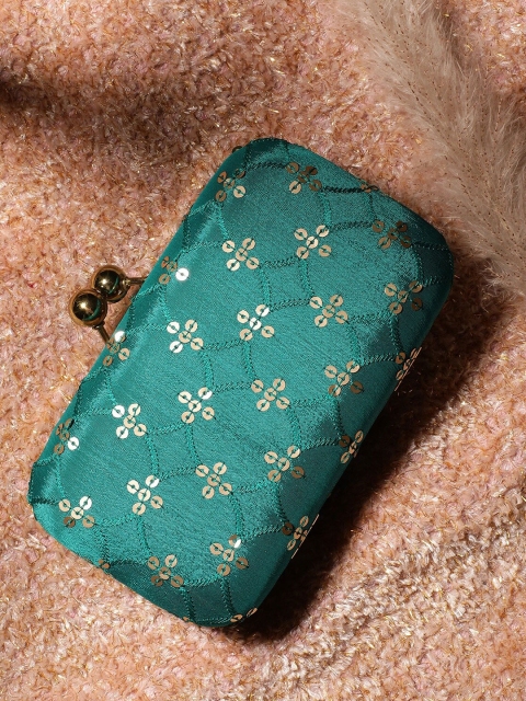 

TRINK Teal Blue & Gold-Toned Sequins Embellished Box Clutch
