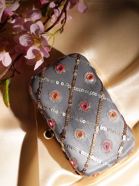 

TRINK Grey & Gold Sequin Embroidered Box Clutch