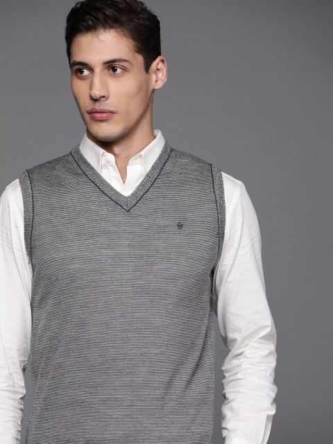 

Louis Philippe Men Charcoal Grey & White Striped Sweater Vest
