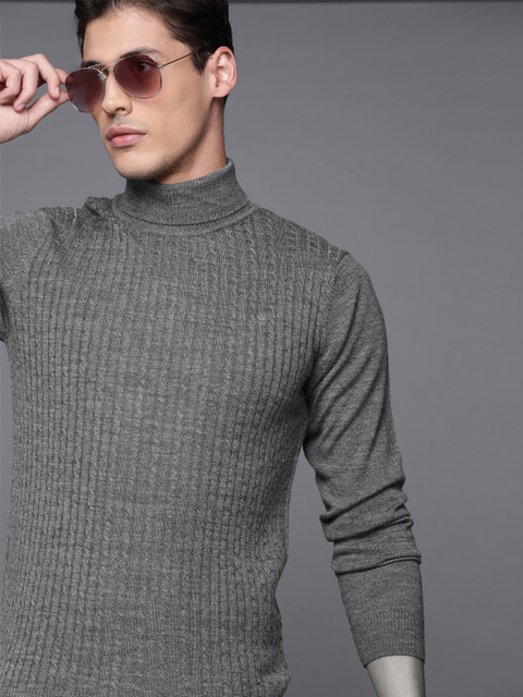 

Louis Philippe Men Charcoal Grey Cable Knit Pullover