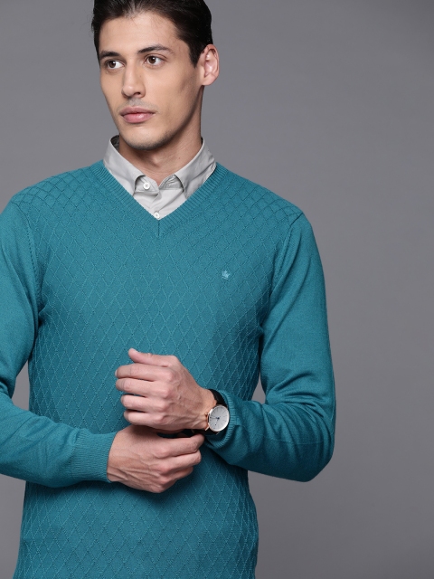 

Louis Philippe Men Teal Green Self-Design Pullover