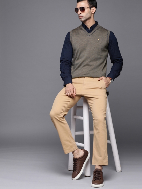 

Louis Philippe Men Beige & Black Pure Merino Wool Self-Striped Sweater Vest