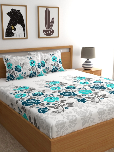 

Dreamscape White & Teal Floral 144 TC Pure Cotton King Bedsheet with 2 Pillow Covers