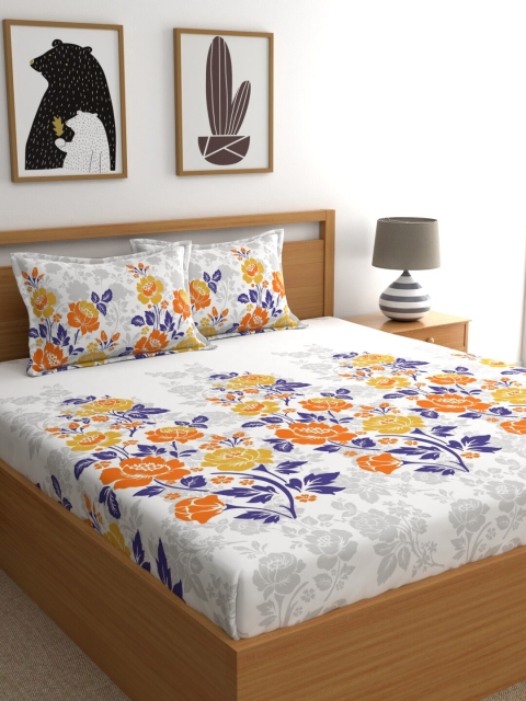 

Dreamscape White & Yellow Floral Cotton 144 TC King Bedsheet with 2 Pillow Covers