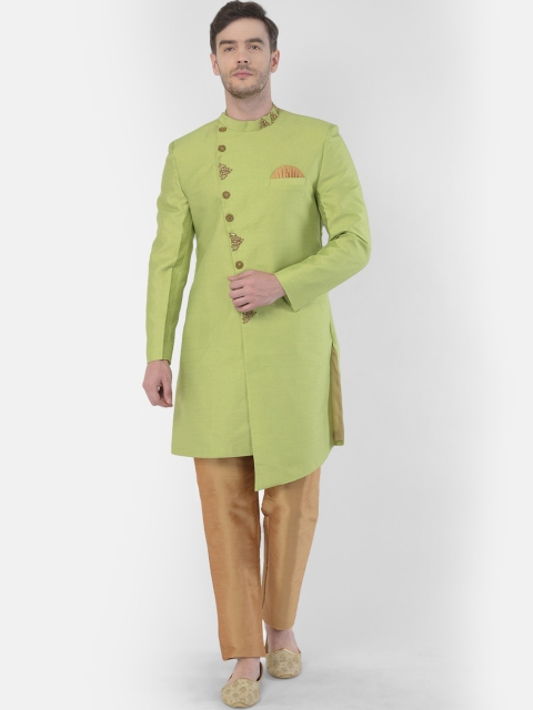 

SG RAJASAHAB Men Green & Gold-Coloured Solid Sherwani Set