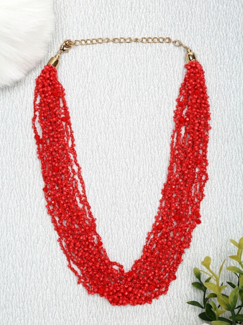 

NEUDIS Gold-Toned & Red Gold-Plated Layered Beaded Long Crocheted Necklace