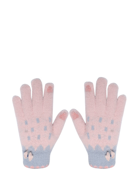 

LOOM LEGACY Women Peach Pink & Blue Patterned Gloves