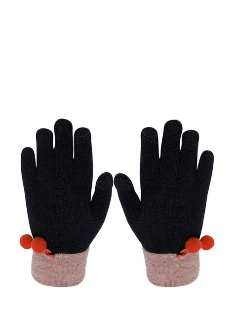 

LOOM LEGACY Women Black & Pink Solid Hand Acrylic Gloves with Bow