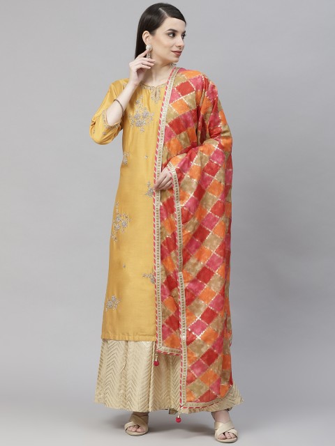 

mokshi Orange Dyed Pure Cotton Foil Print Dupatta with Gotta Patti