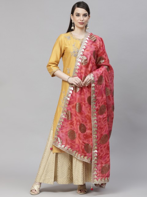 

mokshi Pink Ethnic Motifs Dyed Pure Cotton Foil Print Dupatta with Gotta Patti