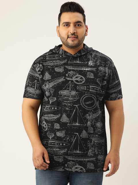 

Rodzen Plus Size Men Black Printed Hooded T-shirt