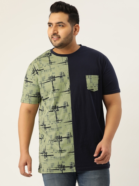 

Rodzen Plus Size Men Fluorescent Green & Navy Blue Colourblocked T-shirt