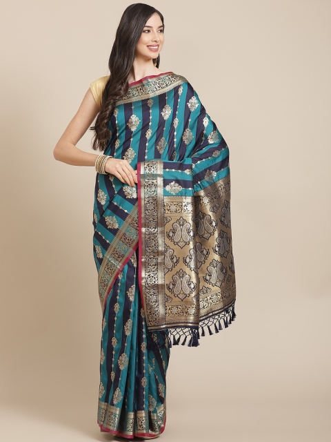 

SHANGRILA Blue & Gold-Toned Woven Design Zari Art Silk Saree