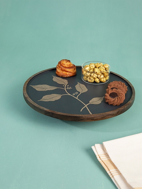 

ellementry Black & Gold-Toned Textured Foliage Wooden Lazy Susan