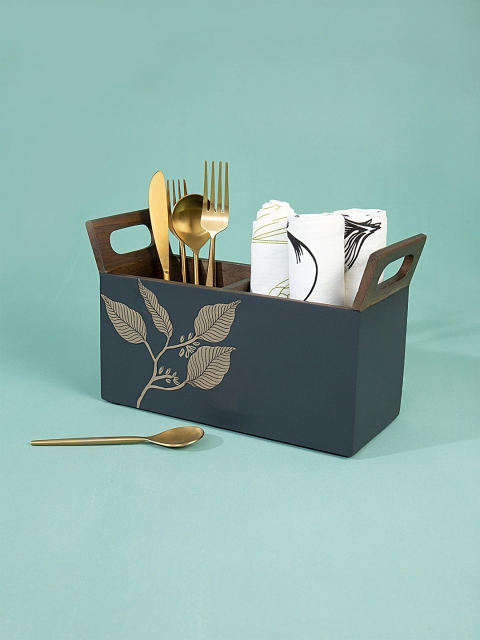 

Ellementry Golden foliage wooden cutlery stand, Gold