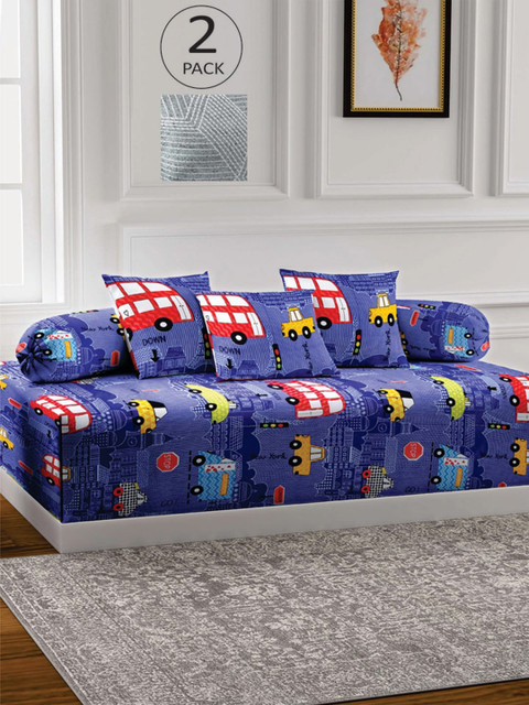 

KLOTTHE Set Of 2 Printed Single Bedsheet With 4 Bolsters & 6 Cushion Covers, Blue