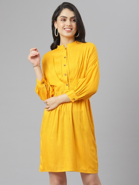 

am ma Women Yellow Solid Mandarin Collar Fit & Flare Dress