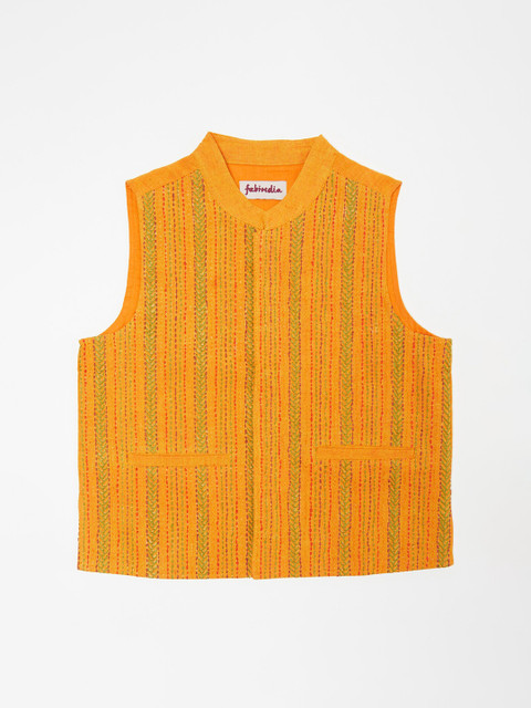 

Fabindia Boys Yellow & Green Embroidered Pure Cotton Woven Nehru Jacket