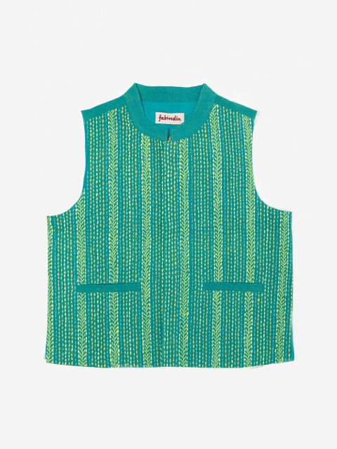 

Fabindia Boys Sea-Green & Blue Embroidered Pure Cotton Woven Nehru Jacket