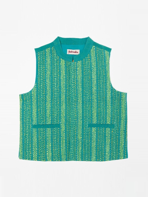 

Fabindia Boys Turquoise Blue & Yellow Embroidered Pure Cotton Nehru Jacket