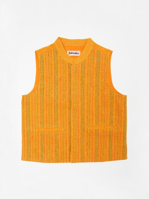 

Fabindia Boys Yellow & Green Woven Design Cotton Nehru Jacket
