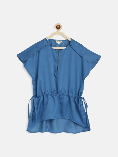 

am ma Girls Blue Solid Round Neck Cinched Waist Top