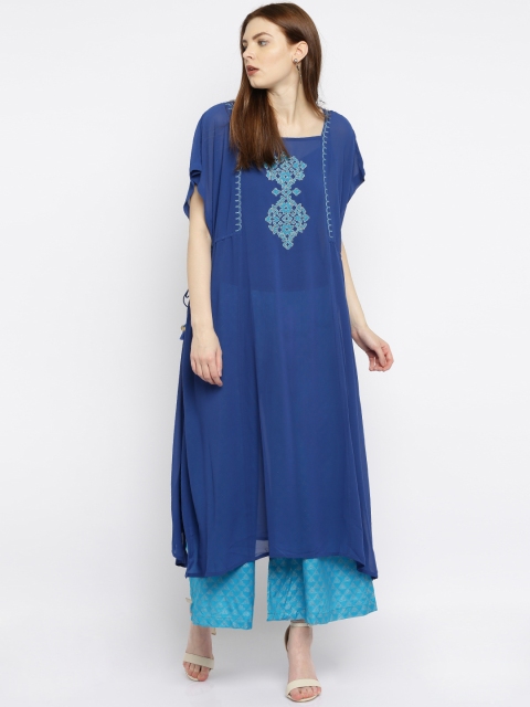 

Global Desi Blue Embroidered & Printed Kurta & Palazzo Trousers
