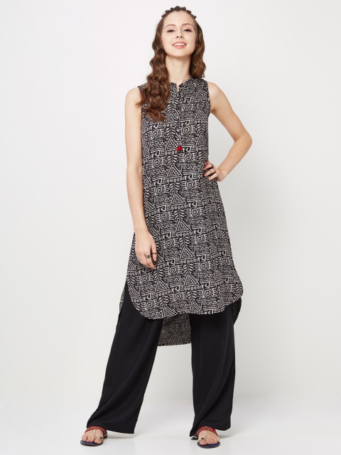 Global Desi Women Black & Grey Printed Straight Kurta available at myntra for Rs.699
