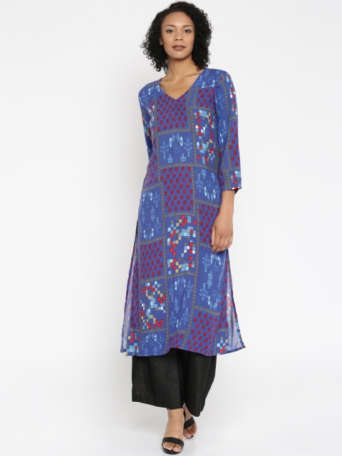 Global Desi Women Blue Printed A-Line Kurta available at myntra for Rs.679