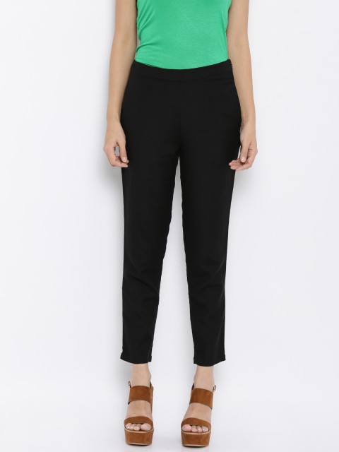 

Global Desi Women Black Solid Regular Fit Flat-Front Trousers