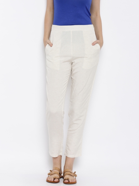 

Global Desi Women Off-White Solid Trousers