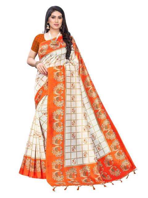 

KALINI Off White & Orange Ethnic Motifs Printed Art Silk Saree