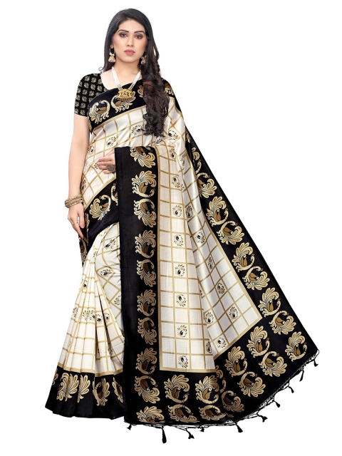 

KALINI Off White & Black Checked Art Silk Saree