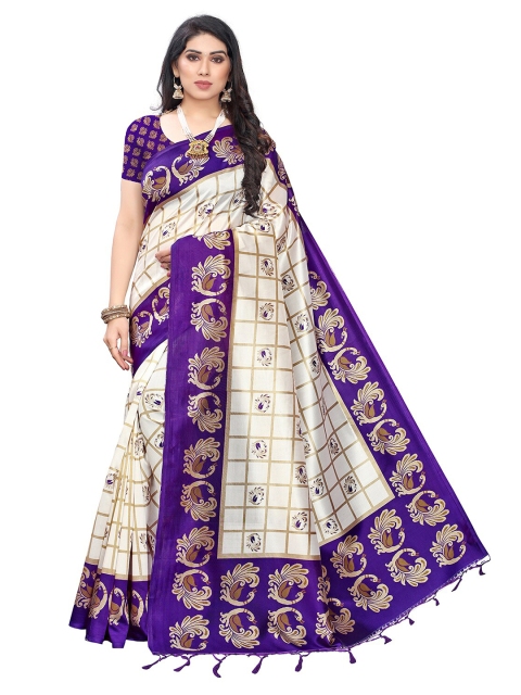 

KALINI Off White & Purple Ethnic Motifs Printed Art Silk Saree