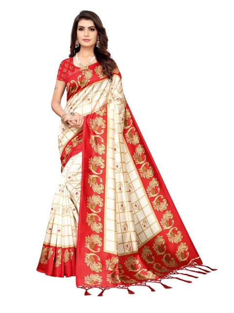 

KALINI Off White & Red Checked Art Silk Saree