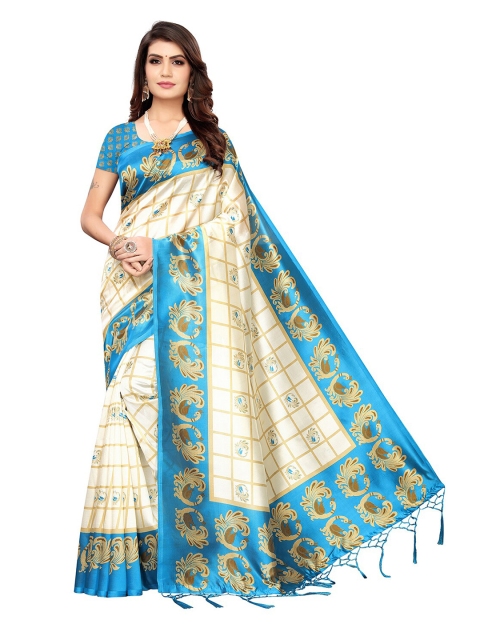 

KALINI Off White & Blue Checked Art Silk Saree