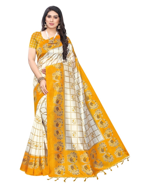 

KALINI Yellow & Off White Ethnic Motifs Printed Art Silk Saree
