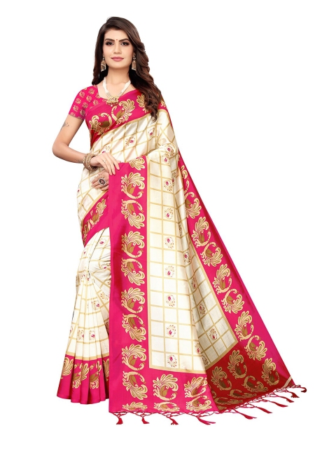 

KALINI Off White & Fuchsia Checked Art Silk Saree