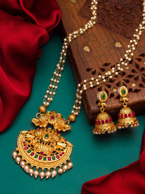 

aadita Gold-Plated & White Pearls Beaded Handcrafted Matinee Temple Jewellery Set