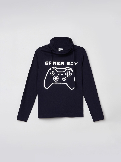 

max Boys Navy Blue & White Printed Turtle Neck T-shirt