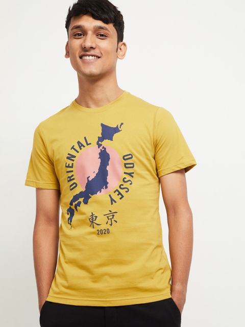

max Men Yellow & Blue Typography Printed T-shirt