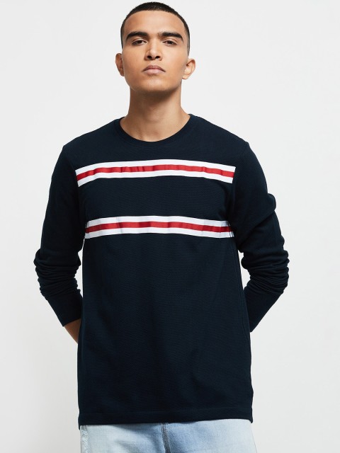 

max Men Navy Blue & White Striped T-shirt