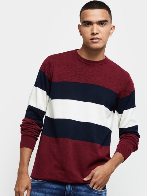 

max Men Maroon & Blue Striped T-shirt
