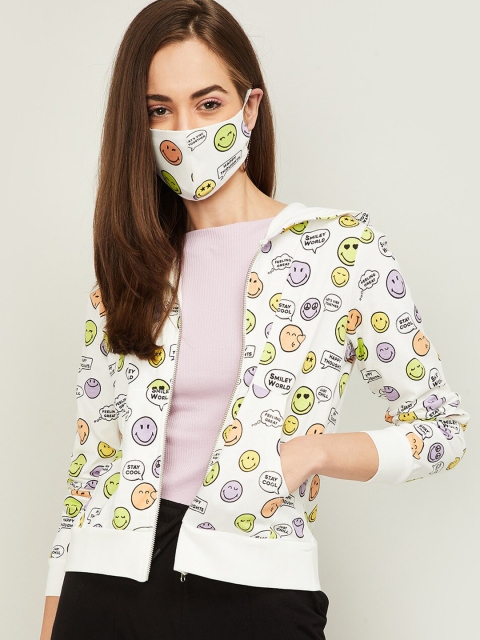 

SmileyWorld Women Off White Printed Hooded Sweatshirt