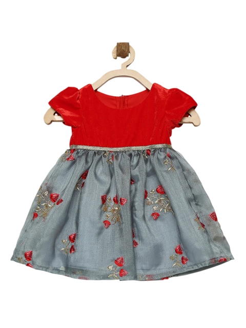 

MANY FROCKS & Grey & Red Ethnic Motifs Embroidered Net Dress