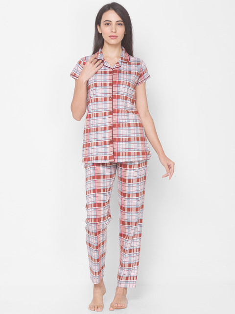 

ZOLA Women Rust & White Checked Night suit