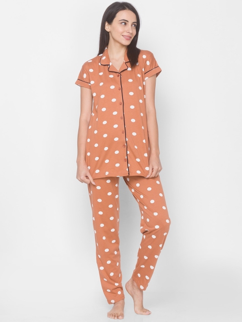 

ZOLA Women Rust & White Polka Dots Printed 2 Pc Night Suit